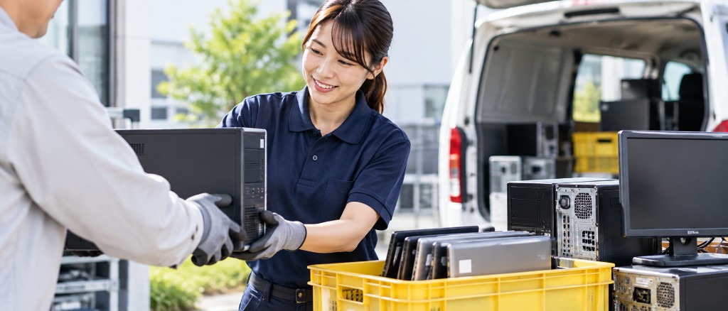 回収したパソコンを受け取っている様子